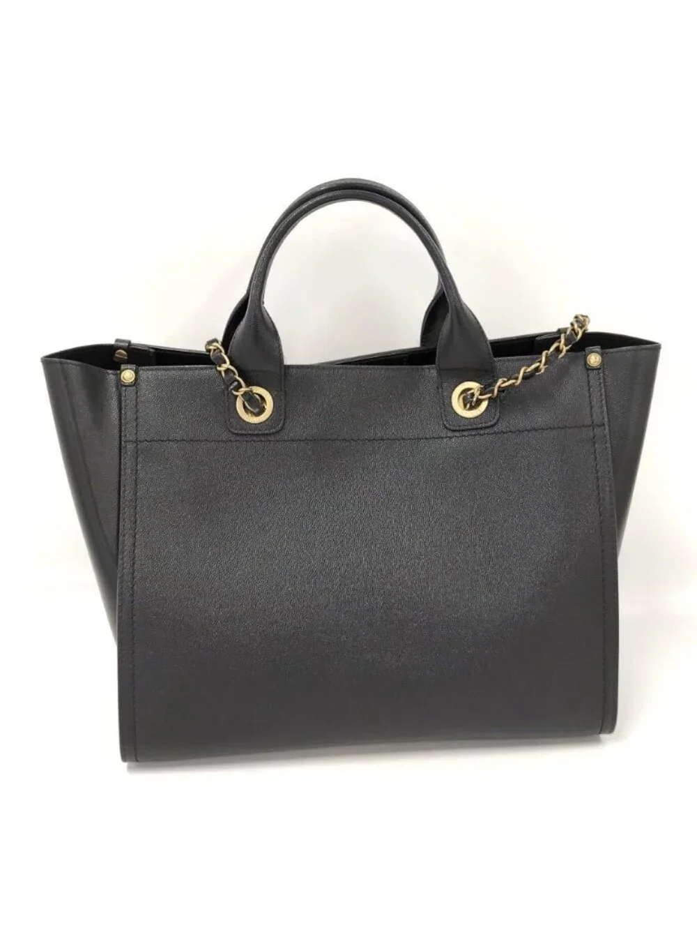 Chanel Deauville 2-Way Tote Studs Chain Shoulder Leather Black